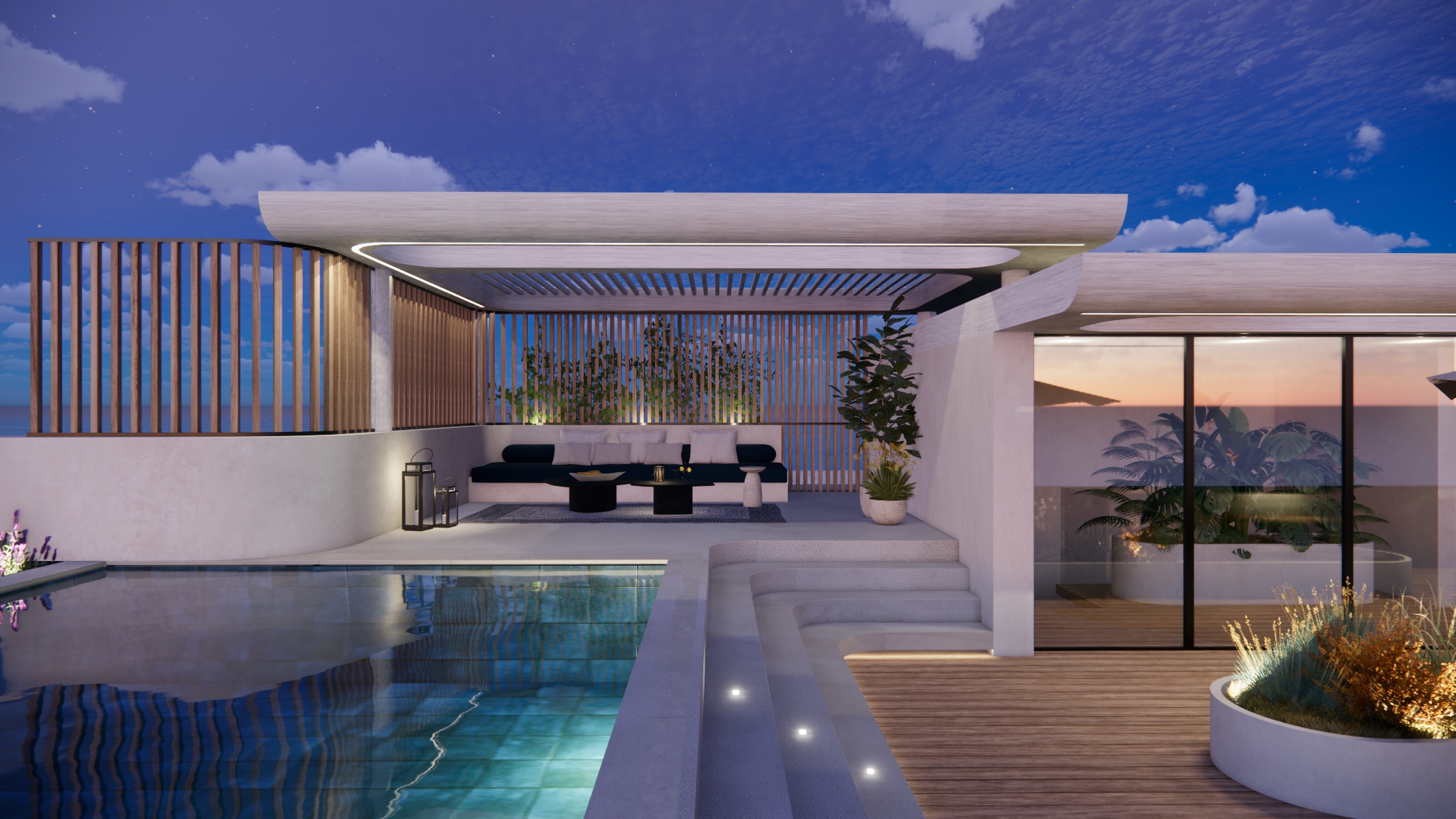 בריכת גג בשקיעה